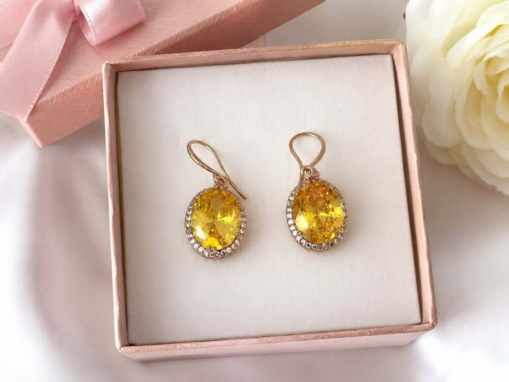 New Oval Yellow Crystal Halo Drop Earrings – Gift Box Included